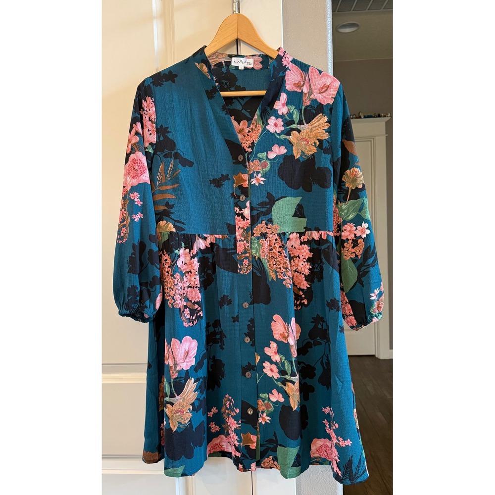 LA Soul Women's Teal Floral Button Front Babydoll Mini Dress 3/4 Sleeve Size S